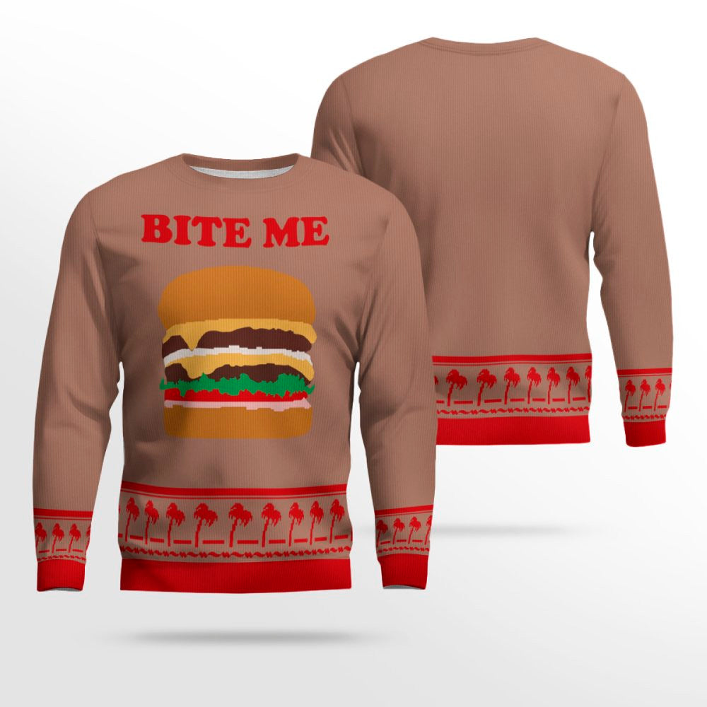 Burger Bite Me Sticker 1970 Ugly Christmas Sweater Mocha Mousse – Moonbestprint