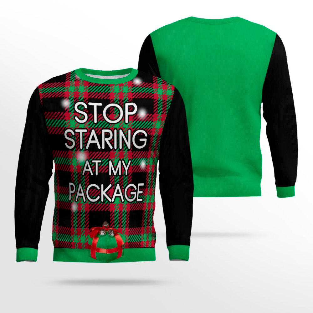 Stop Staring at My Package Ugly Christmas Sweater Black – Moonbestprint