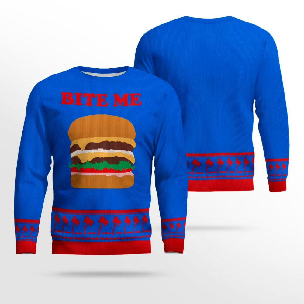Burger Bite Me Sticker 1970 Ugly Christmas Sweater Blue – Moonbestprint