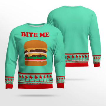 Burger Bite Me Sticker 1970 Ugly Christmas Sweater Seafoam Green – Moonbestprint