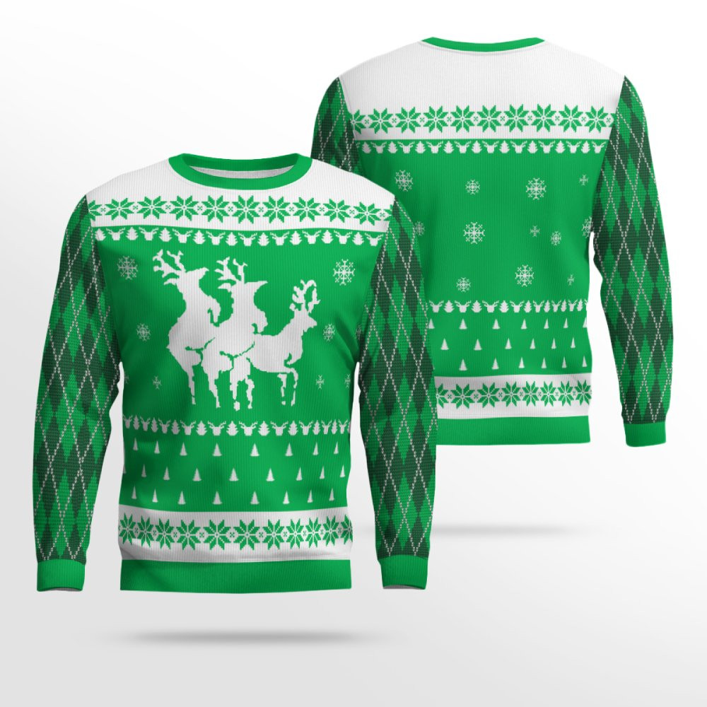 Naughty Reindeer Threesome Ugly Christmas Sweater Green – Moonbestprint