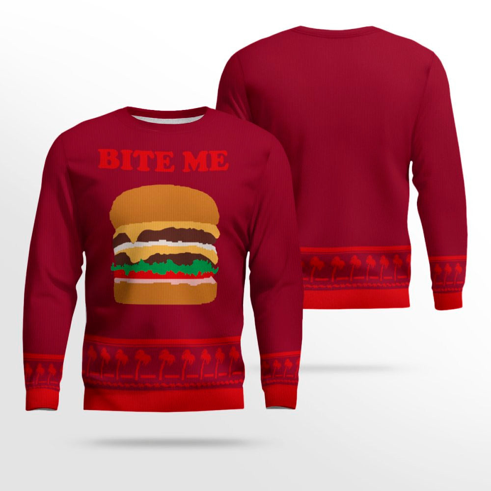 Burger Bite Me Sticker 1970 Ugly Christmas Sweater Burgundy – Moonbestprint