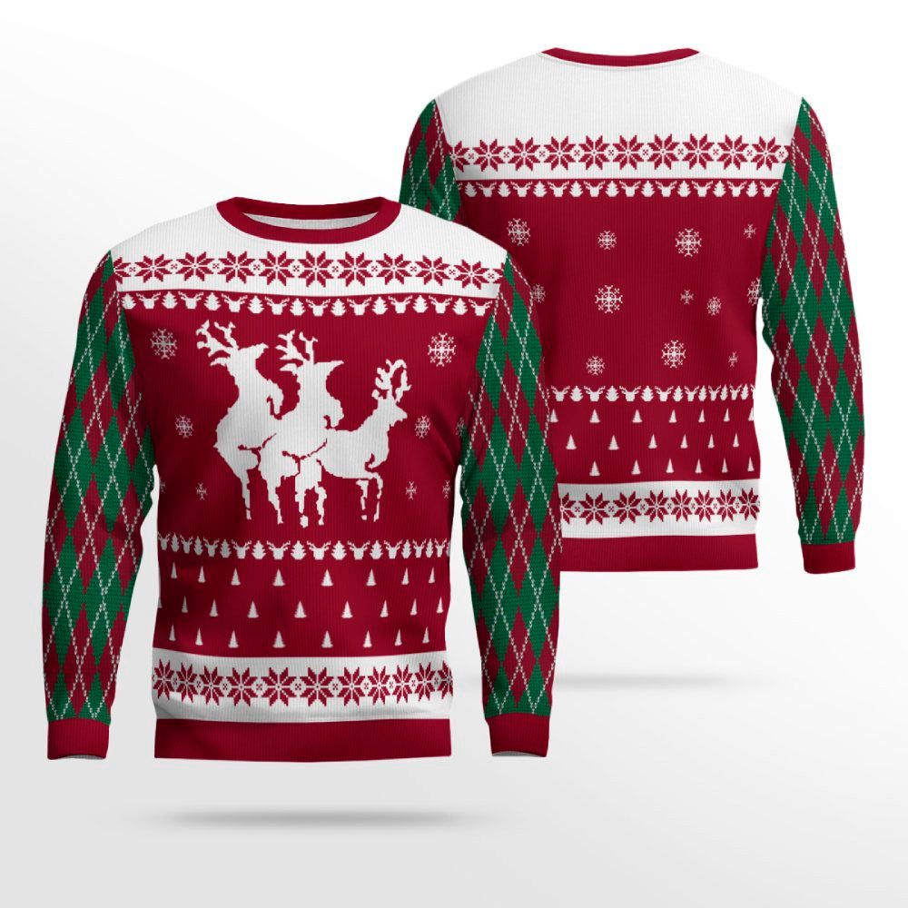Naughty Reindeer Threesome Ugly Christmas Sweater Burgundy – Moonbestprint