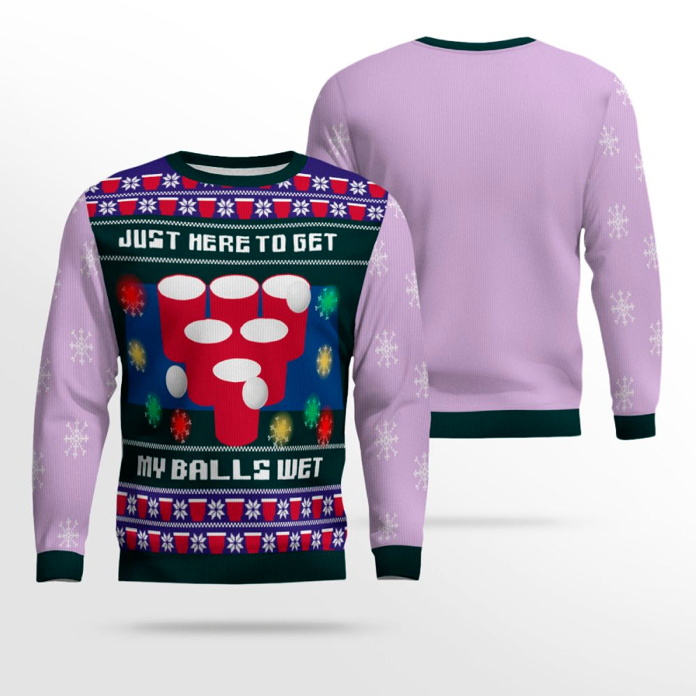 Just Here to Get My Balls Wet Beer Pong Ugly Christmas Sweater Dreamy Lavender – Moonbestprint