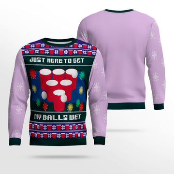 Just Here to Get My Balls Wet Beer Pong Ugly Christmas Sweater Dreamy Lavender – Moonbestprint
