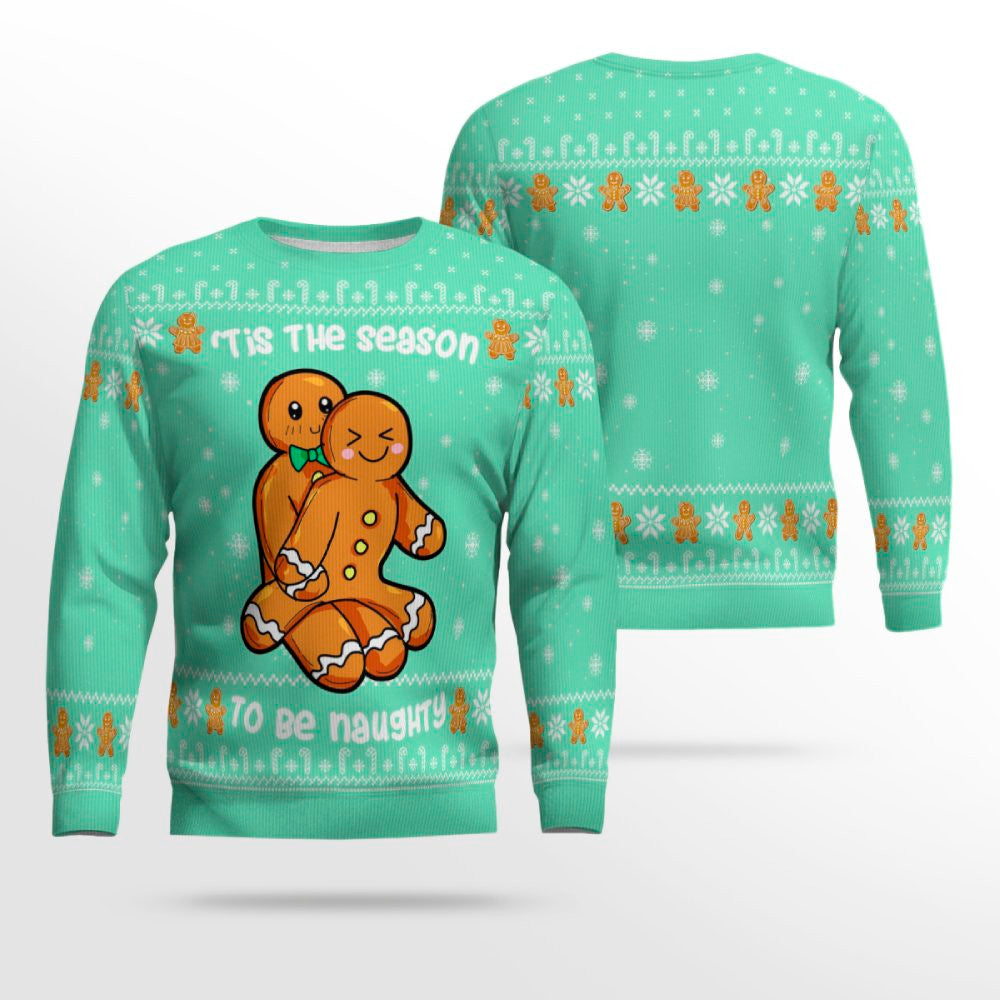 Gingerbread Tis The Season To Be Naughty Christmas Sweater Seafoam Green – Moonbestprint