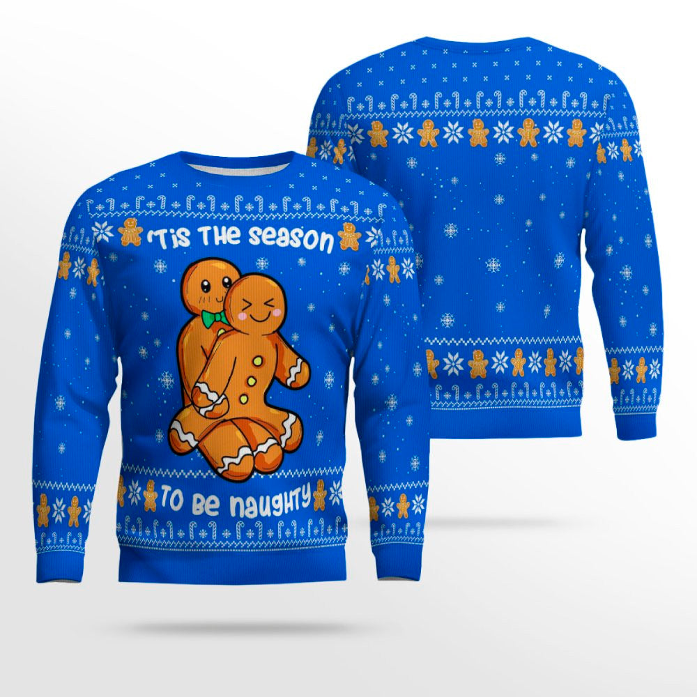 Gingerbread Tis The Season To Be Naughty Christmas Sweater Blue – Moonbestprint