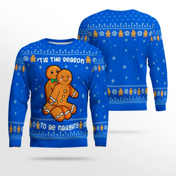 Gingerbread Tis The Season To Be Naughty Christmas Sweater Blue – Moonbestprint