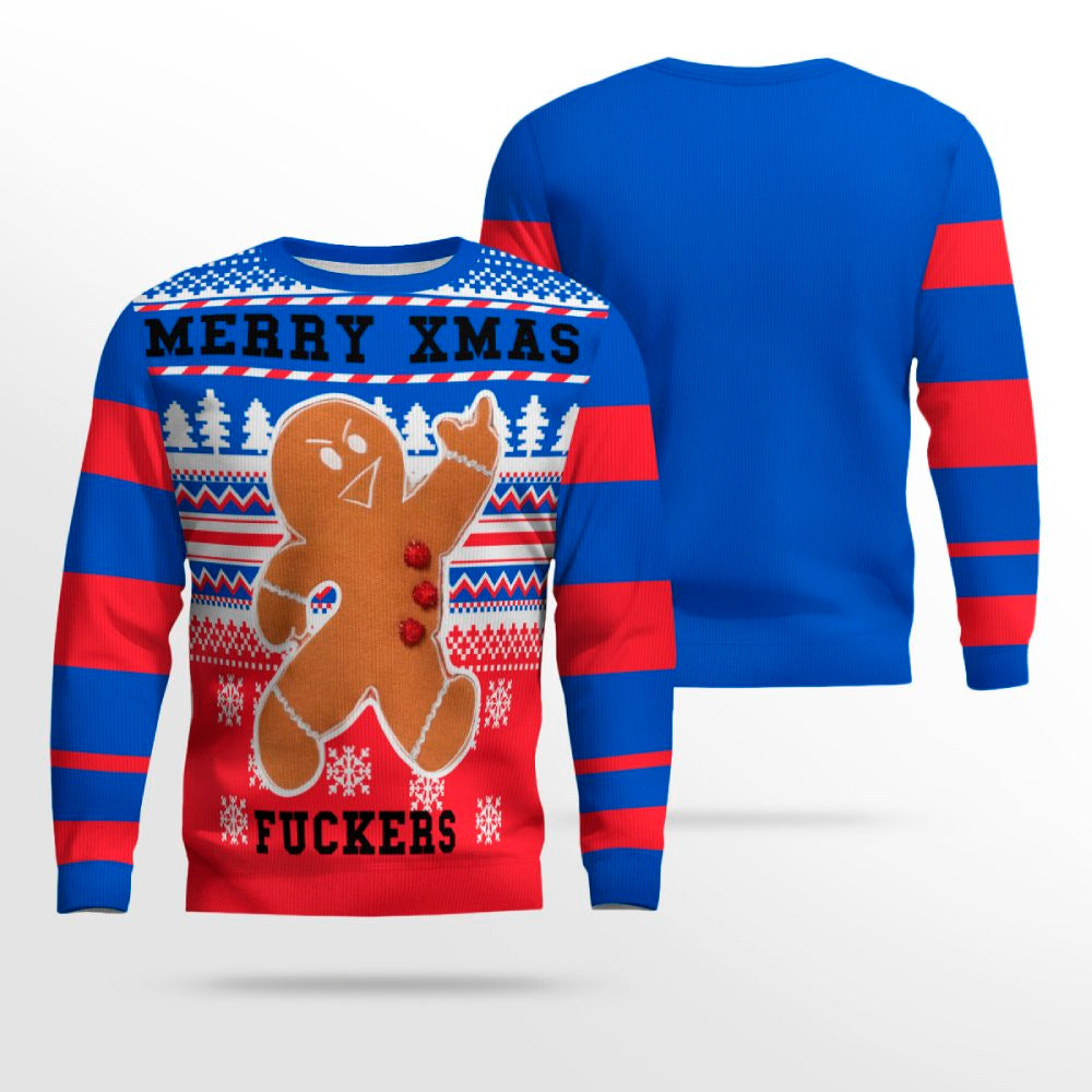 Gingerbread Merry Xmas Fuckers Ugly Christmas Sweater Blue – Moonbestprint