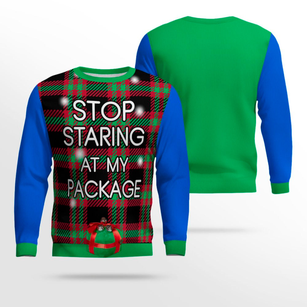 Stop Staring at My Package Ugly Christmas Sweater Blue – Moonbestprint