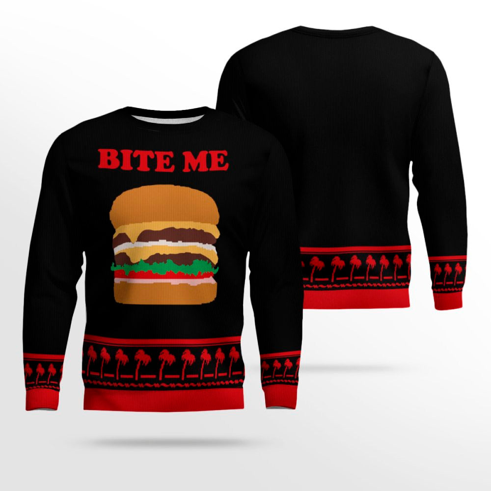 Burger Bite Me Sticker 1970 Ugly Christmas Sweater Black – Moonbestprint