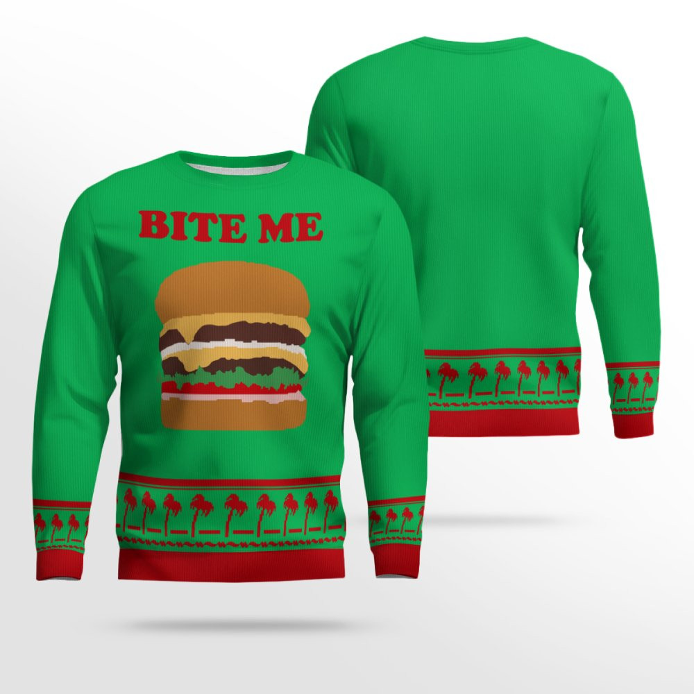 Burger Bite Me Sticker 1970 Ugly Christmas Sweater Green – Moonbestprint