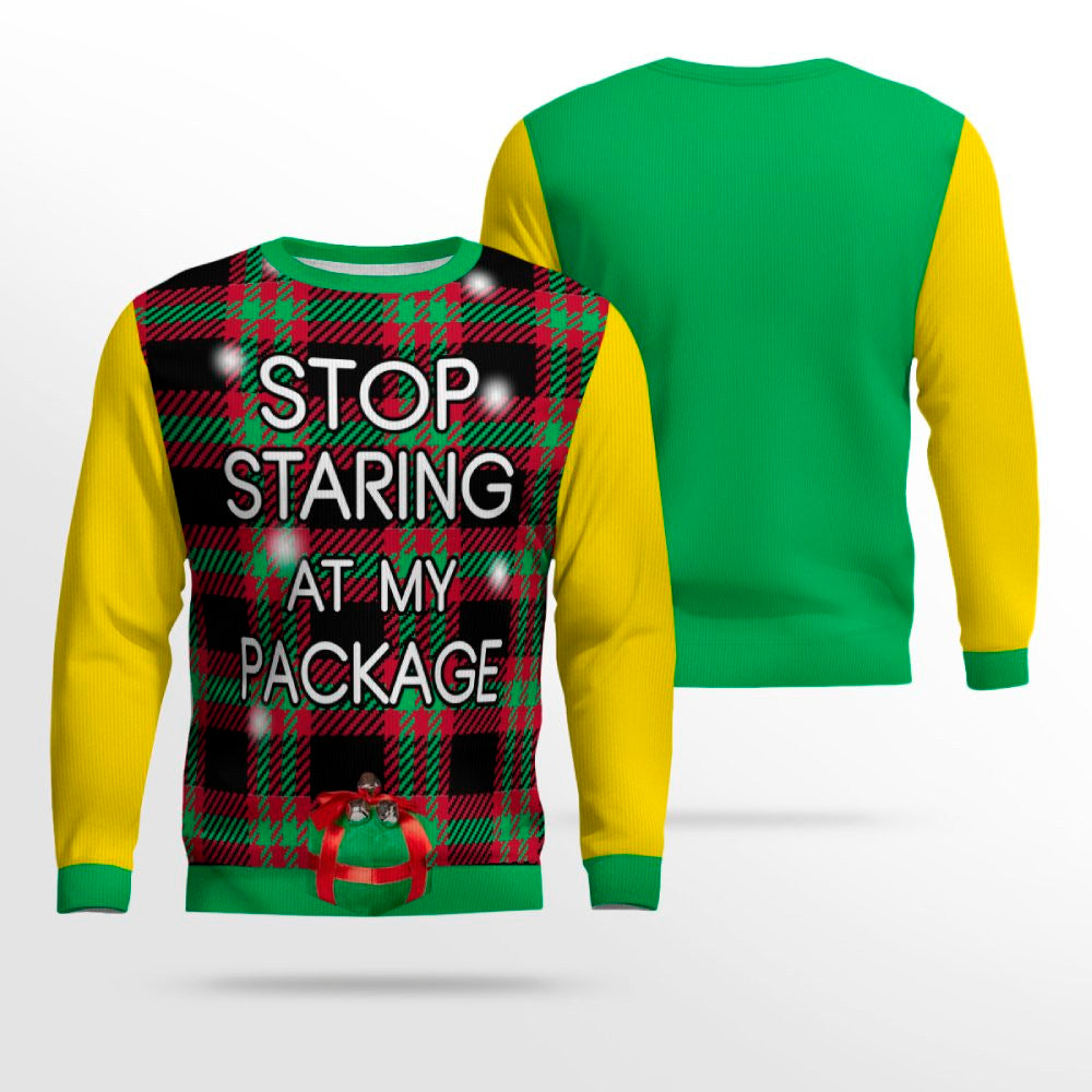 Stop Staring at My Package Ugly Christmas Sweater Golden Yellow – Moonbestprint