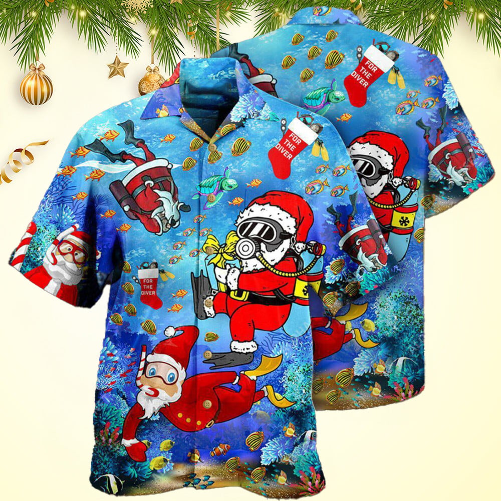 Christmas Santa Claus Dives In Blue Hawaiian Shirt Christmas Gift Ideas For Coworkers – Moonbestprint