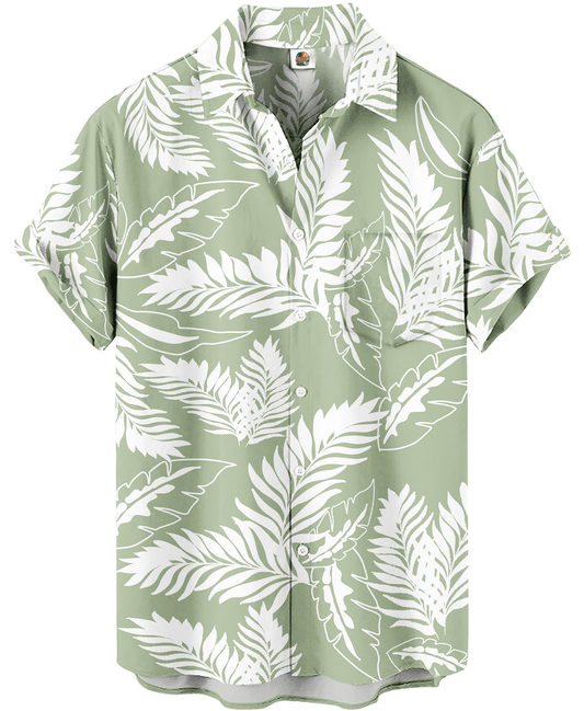 Sage Green Hawaiian Shirt – White Palm Leaf Floral Print, - Moonbestprint