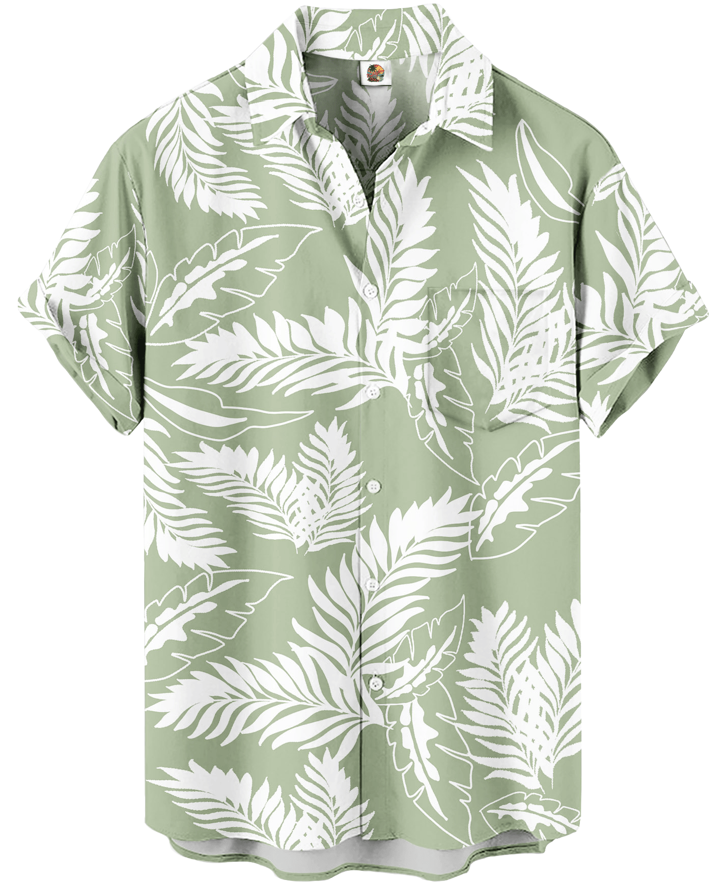 Sage Green Hawaiian Shirt – White Palm Leaf Floral Print, – Moonbestprint