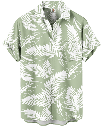 Sage Green Hawaiian Shirt – White Palm Leaf Floral Print, – Moonbestprint