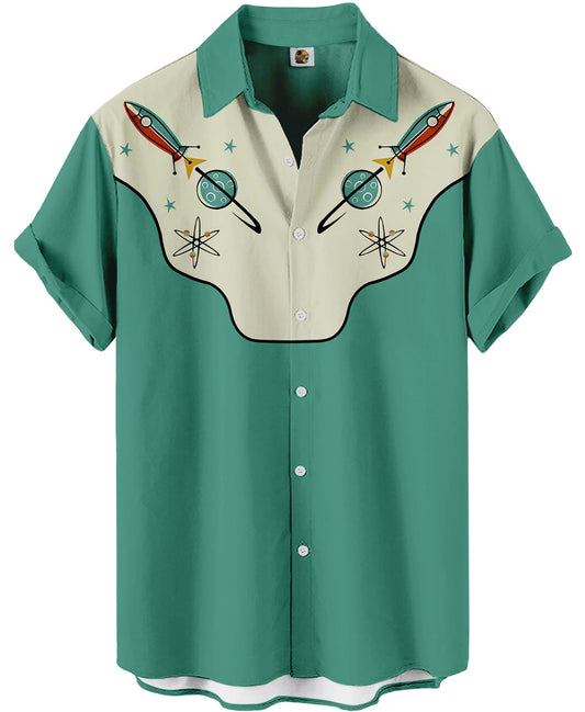 Rocket Print Hawaiian Shirt – Mint Green Retro Space Age Western Style - Moonbestprint