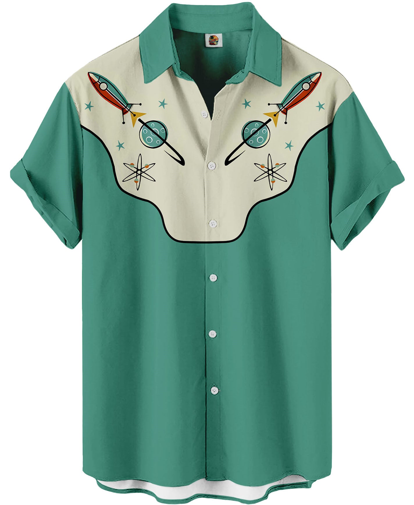 Rocket Print Hawaiian Shirt – Mint Green Retro Space Age Western Style – Moonbestprint