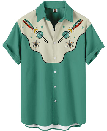 Rocket Print Hawaiian Shirt – Mint Green Retro Space Age Western Style – Moonbestprint