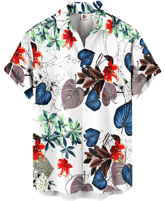 Tropical Leaves Hawaiian Shirt – White Floral - Moonbestprint