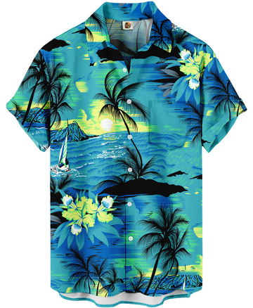 Blue and Green Tropical Palm Trees Hawaiian Shirt – – Moonbestprint