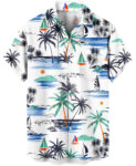 White Tropical Palm Trees and Sailboats Hawaiian Shirt – – Moonbestprint