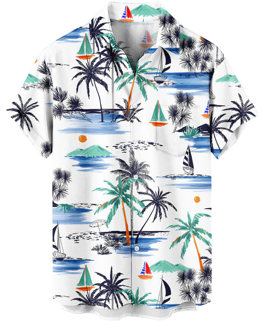 White Tropical Palm Trees and Sailboats Hawaiian Shirt – - Moonbestprint