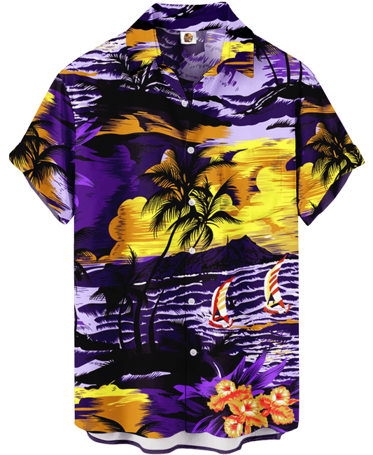 Tropical Palm Tree Hawaiian Shirt – Purple and Yellow Aloha - Moonbestprint