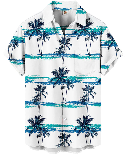 Palm Tree Hawaiian Shirt – White and Turquoise Stripes – Moonbestprint