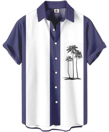 Palm Tree Hawaiian Shirt – Navy Blue and White Striped – Moonbestprint