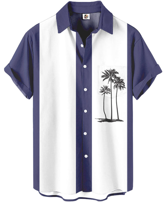 Palm Tree Hawaiian Shirt – Navy Blue and White Striped – Moonbestprint
