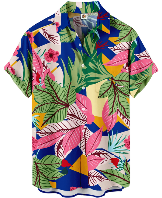 Tropical Leaf Hawaiian Shirt – Blue and Pink Floral - Moonbestprint
