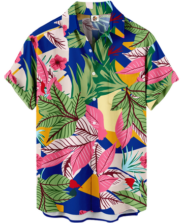 Tropical Leaf Hawaiian Shirt – Blue and Pink Floral – Moonbestprint