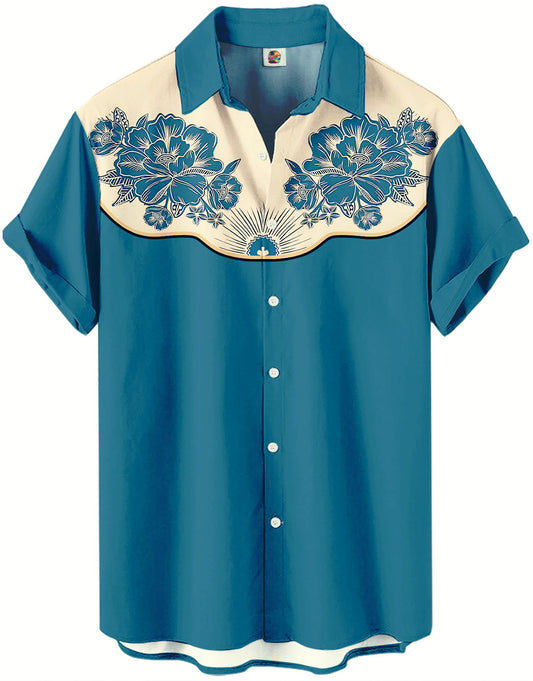 Western Shirt – Teal Blue Floral Embroidered - Moonbestprint