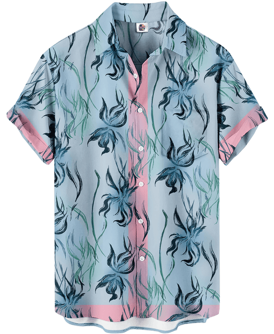 Floral Print Blue Pink Pattern Casual Summer Wear Hawaiian Shirt - Moonbestprint