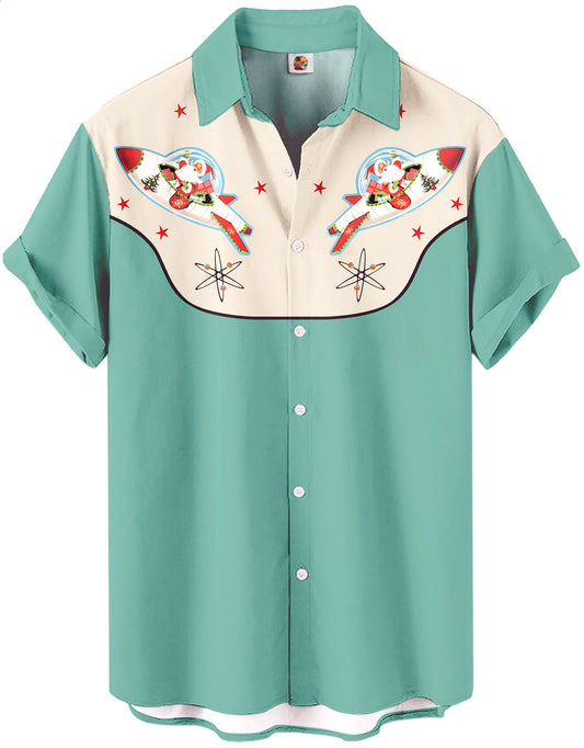 Retro Western Christmas Santa Mint Green Atomic Space Age Design Hawaiian Shirt - Moonbestprint
