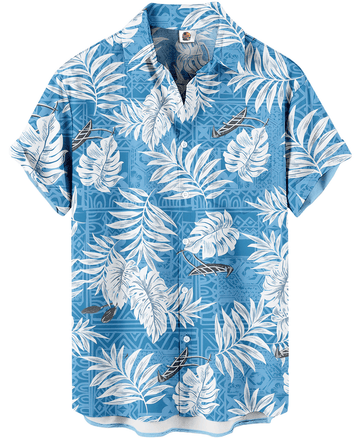 Tropical Palm Leaf Print Blue White Hawaiian Shirt – Moonbestprint