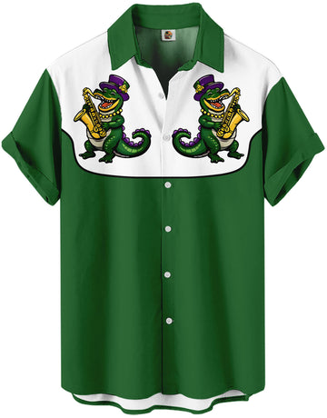 Mardi Gras Jazz Alligator Green and White Western Hawaiian Shirt – Moonbestprint