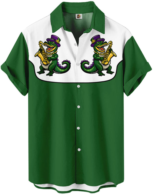 Mardi Gras Jazz Alligator Green and White Western Hawaiian Shirt – Moonbestprint