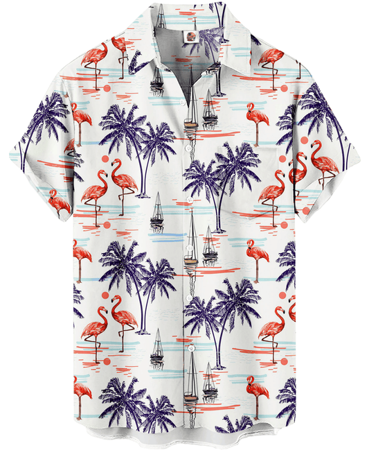 Tropical Flamingo Palm Tree Print White Hawaiian Shirt - Moonbestprint