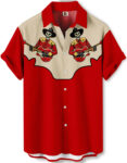 Western Skeleton Cowboy Guitar Player Design Red Beige Hawaiian Shirt – Moonbestprint