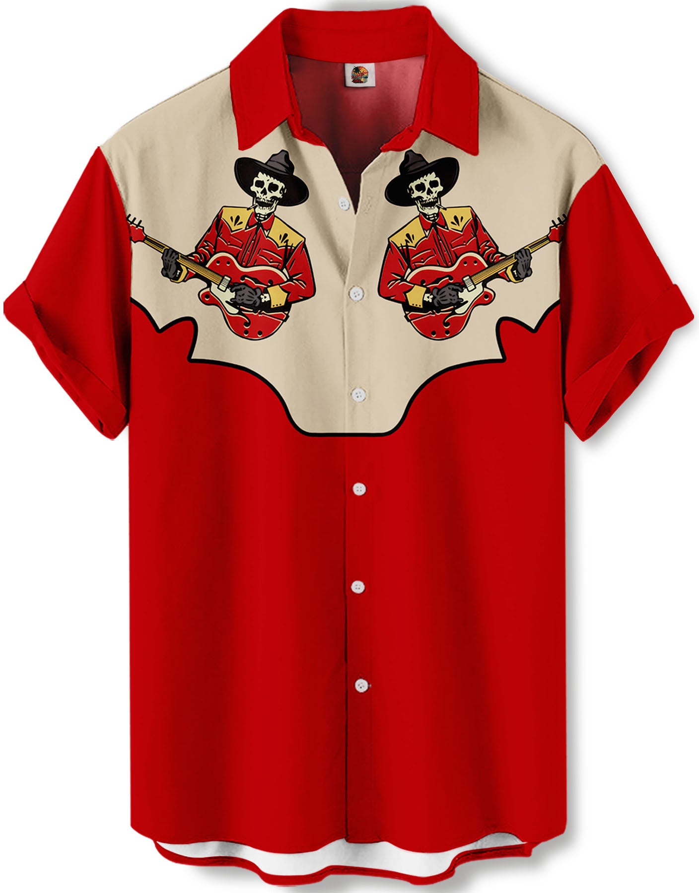 Western Skeleton Cowboy Guitar Player Design Red Beige Hawaiian Shirt – Moonbestprint