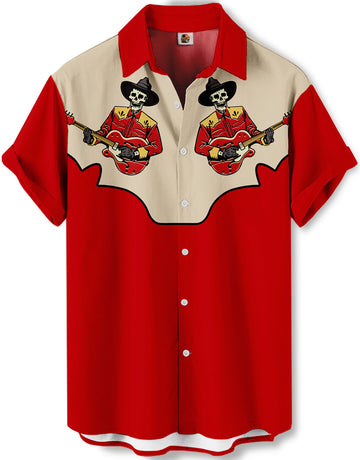 Western Skeleton Cowboy Guitar Player Design Red Beige Hawaiian Shirt – Moonbestprint