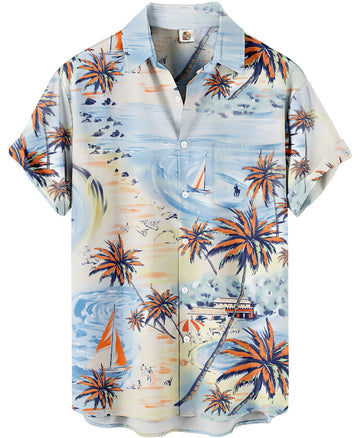 Beach Print Palm Trees Sailboats Light Blue Hawaiian Shirt – Moonbestprint