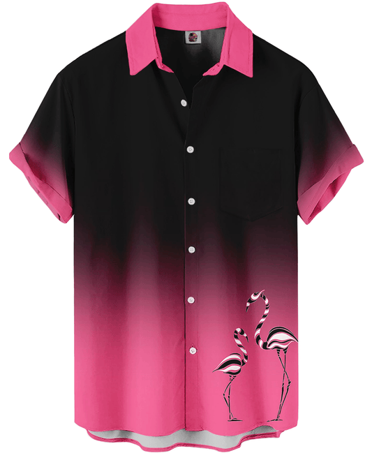 Black Pink Ombre Flamingo Print Casual Hawaiian Shirt - Moonbestprint
