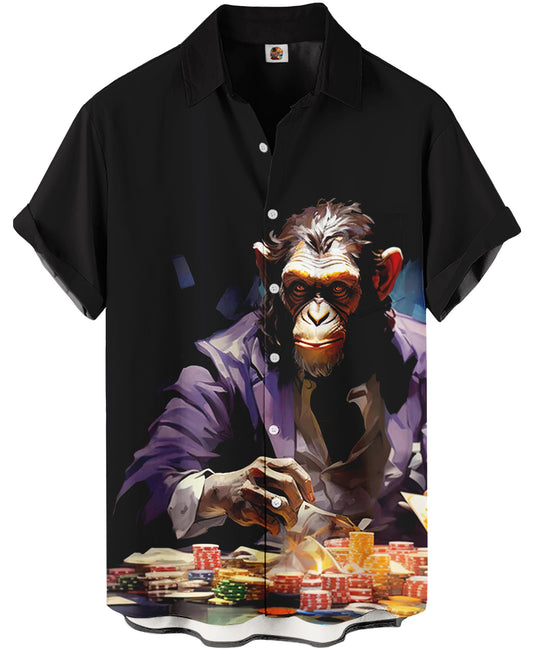 Poker Chimp Print Black Hawaiian Shirt - Moonbestprint