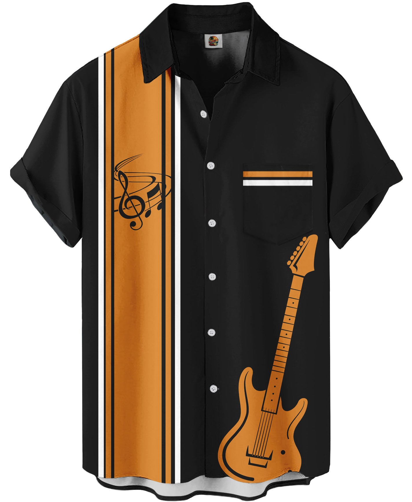 Music Guitar Print Black Orange Striped Casual Hawaiian Shirt – Moonbestprint