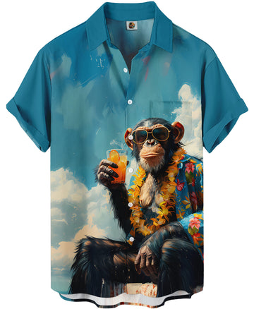 Cool Monkey Print Hawaiian Shirt – Tropical Turquoise Blue – Moonbestprint