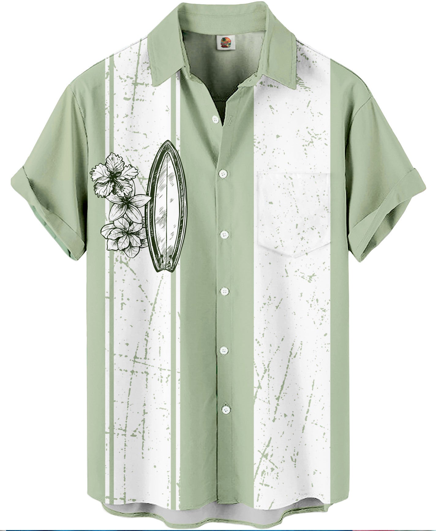 Sage Green Hawaiian Shirt – Surfboard and Floral Print – Moonbestprint